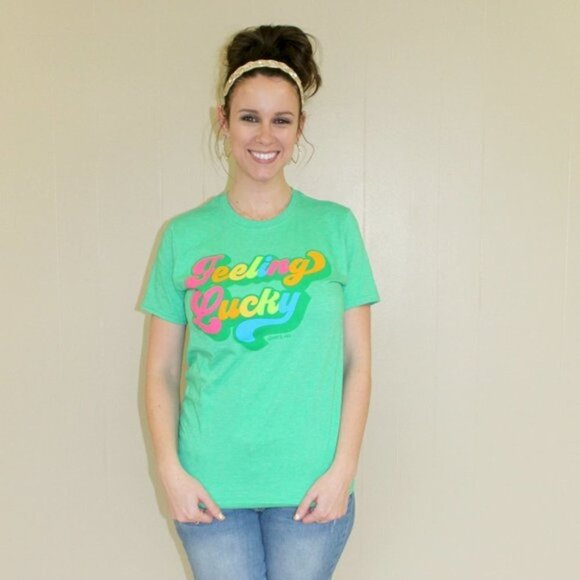 Feeling Lucky Green Graphic Rainbow T-Shirt Tee Sm - Picture 4 of 6